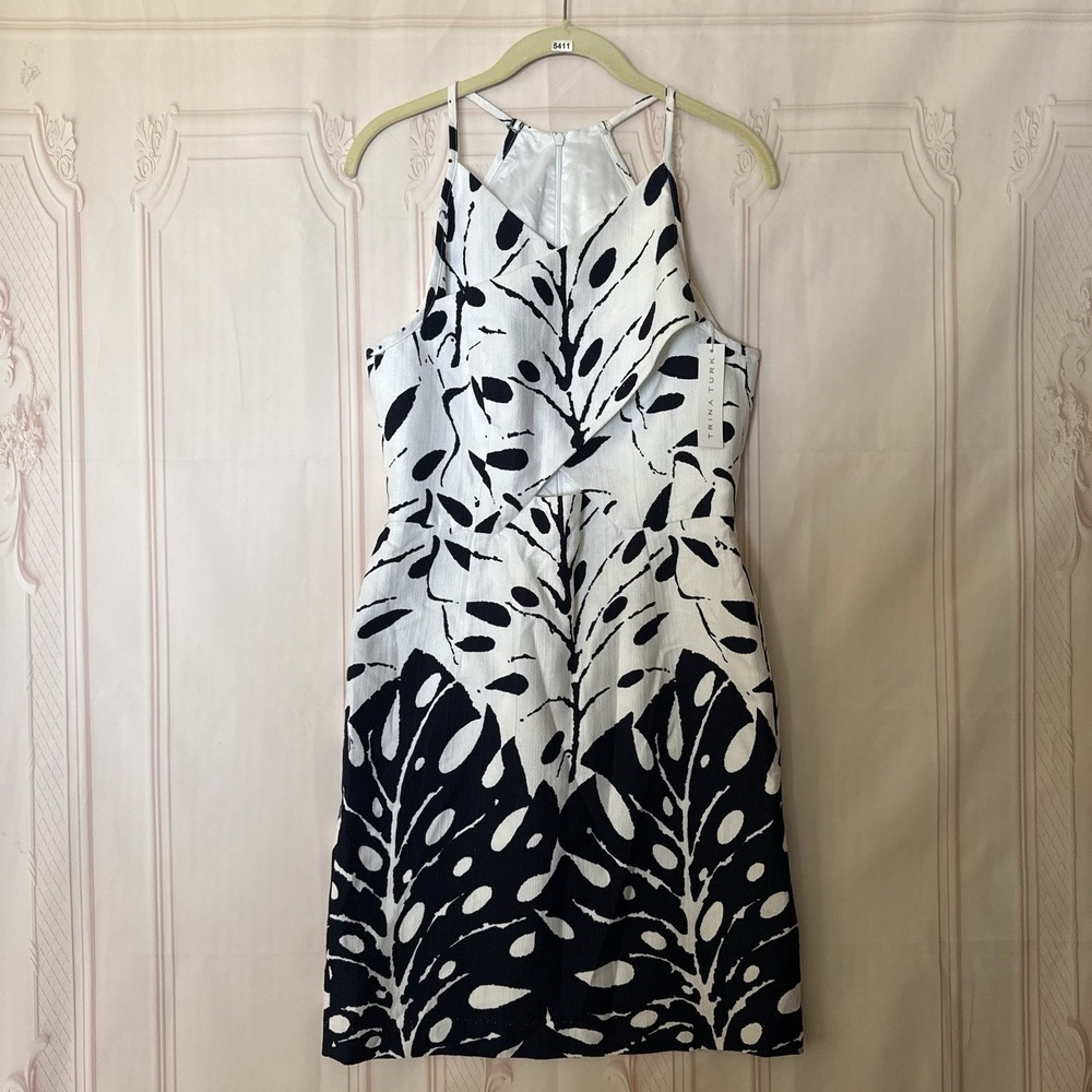 Trina Turk Cotton Navy White Leaf Print Cutout Sheath Mini Dress Sz 8 NWT $268